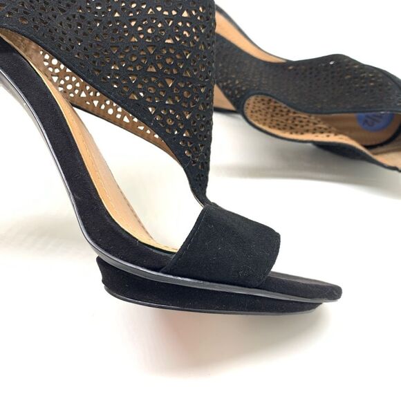 BCBGeneration Kadia Black Sz 7.5 Suede Lattice Stiletto Open Toe Zip Closure - Picture 7 of 13